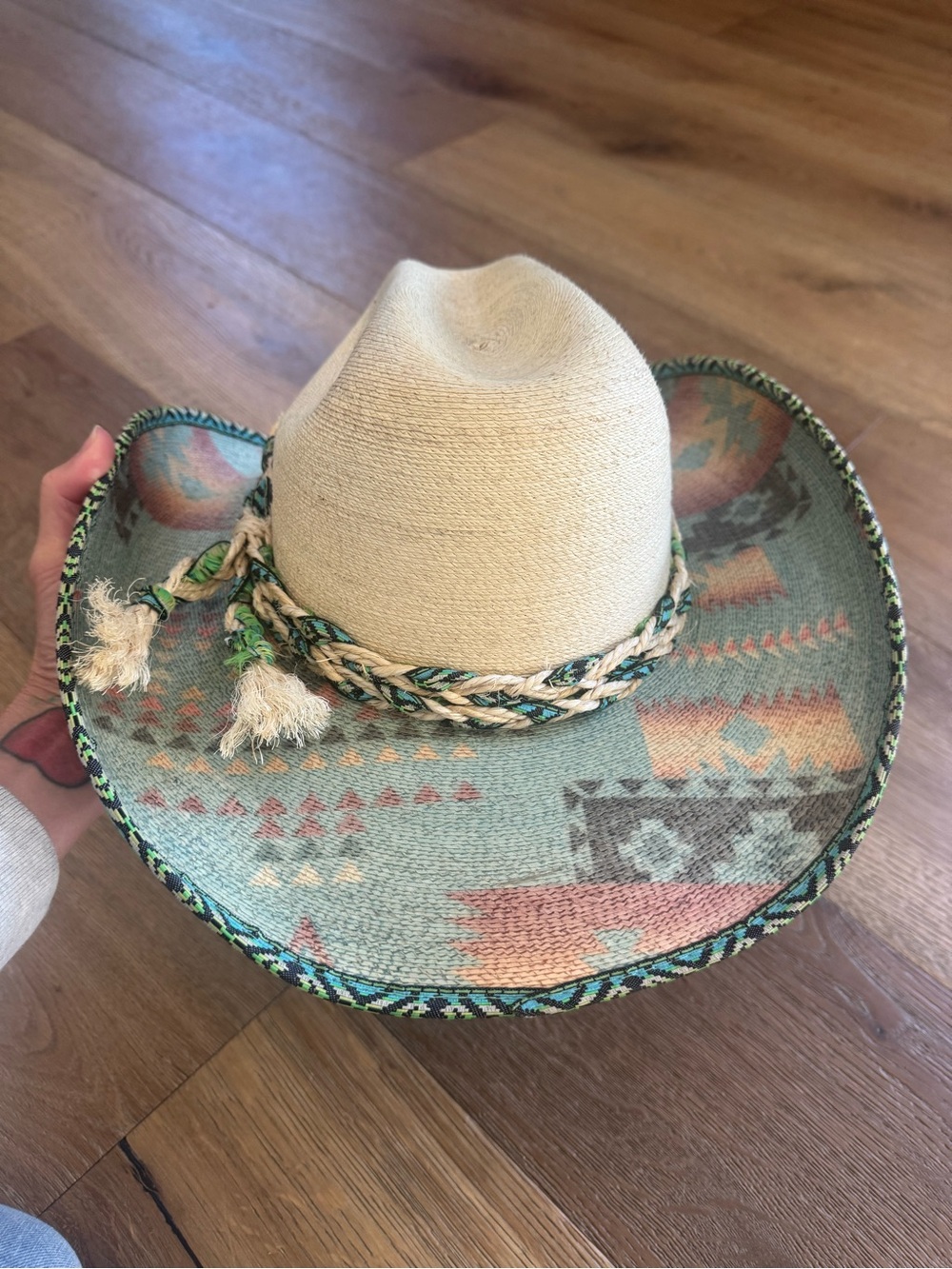 Southwestern Pattern Straw Cowboy Hat with Braided Trim